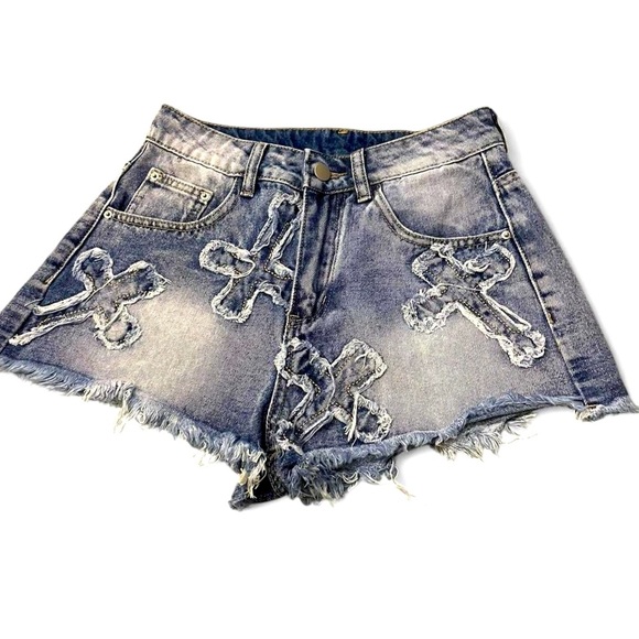Blue Jean Shorts with Distressed Hem and Embroidery - Picture 1 of 3